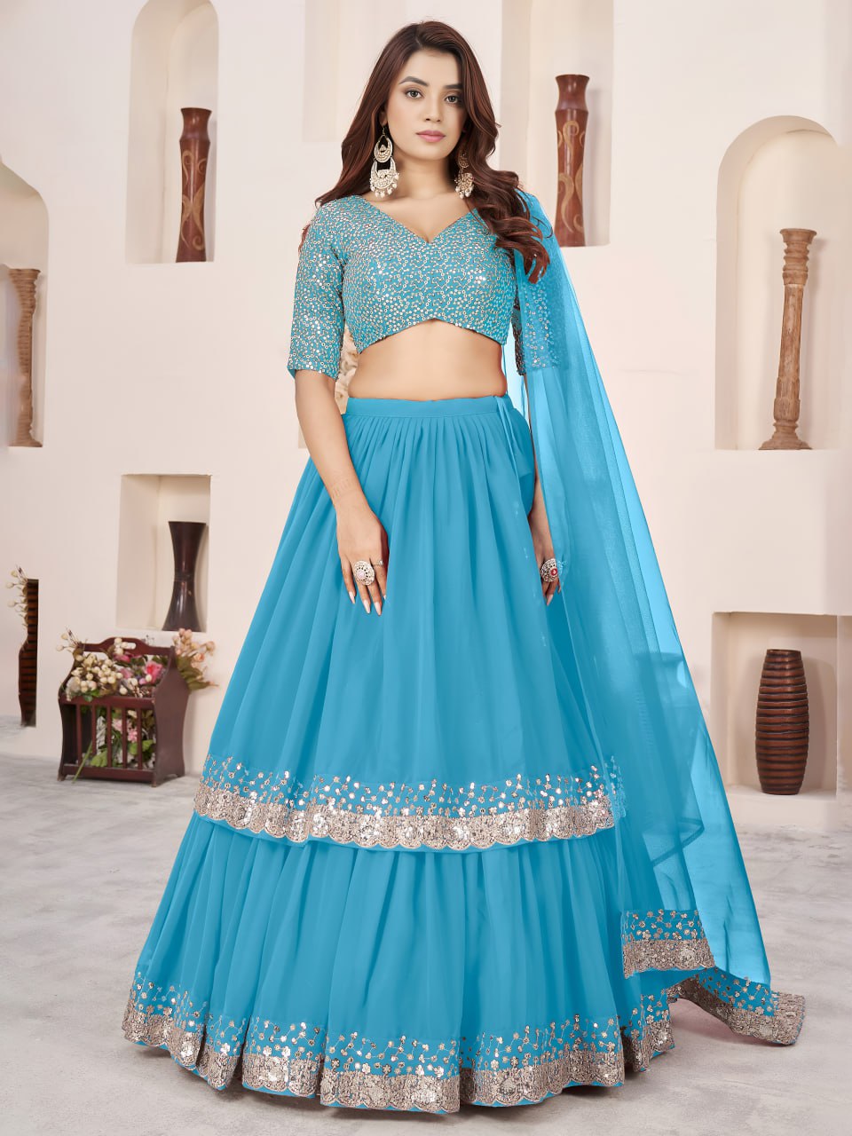 Sky Blue Sequin Georgette Designer Lehenga Set