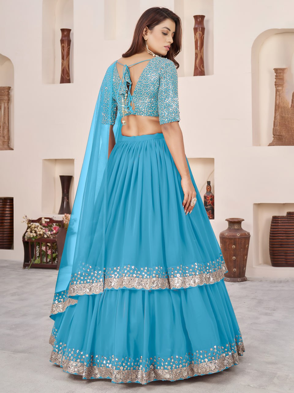 Sky Blue Sequin Georgette Designer Lehenga Set