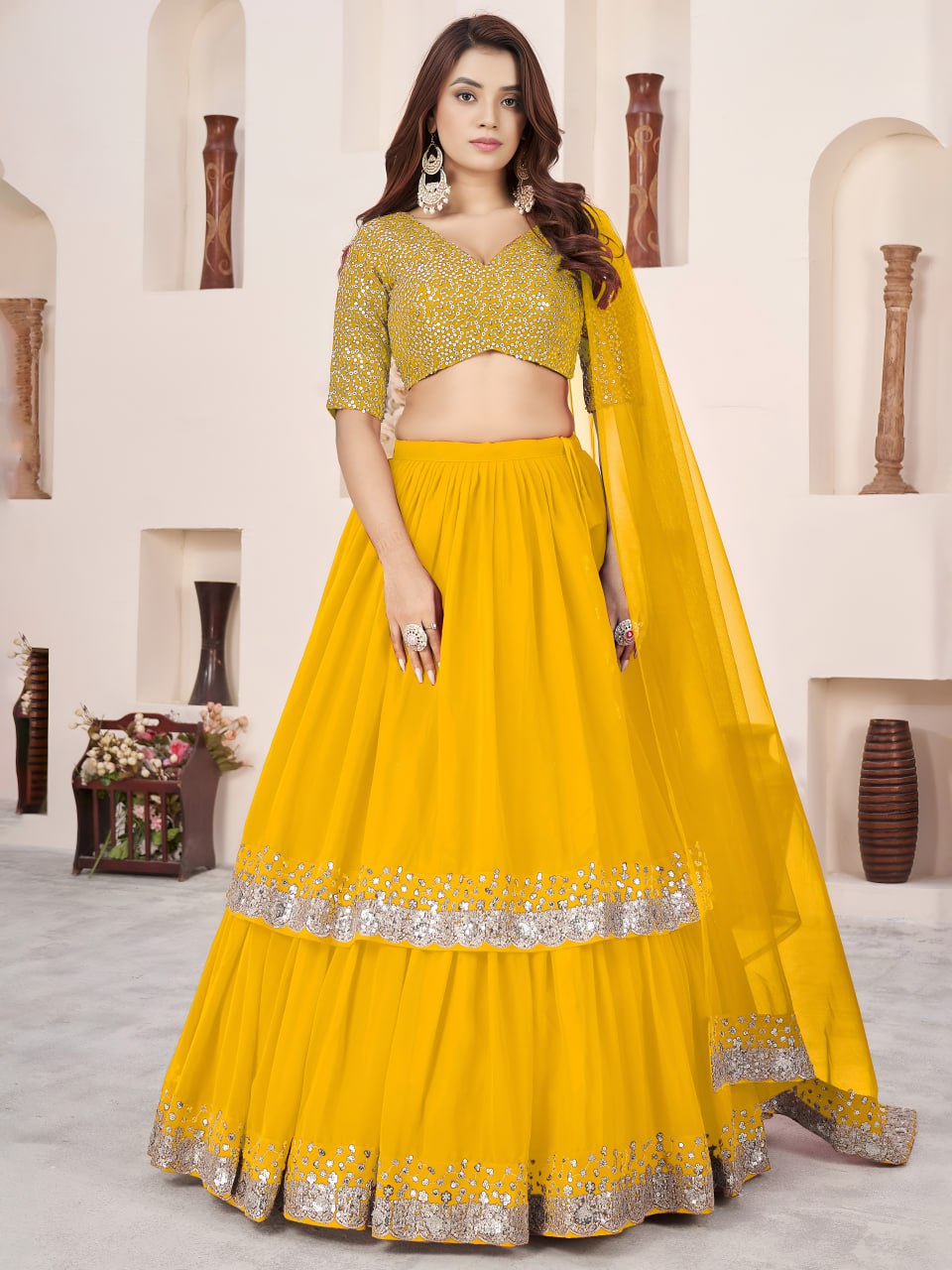 Elegant Yellow Sequin Designer Georgette Lehenga Set