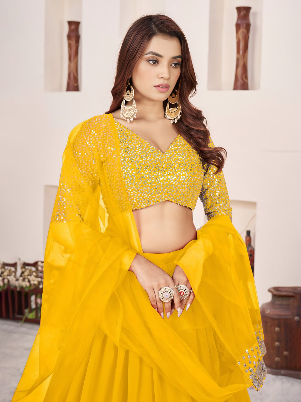 Elegant Yellow Sequin Designer Georgette Lehenga Set
