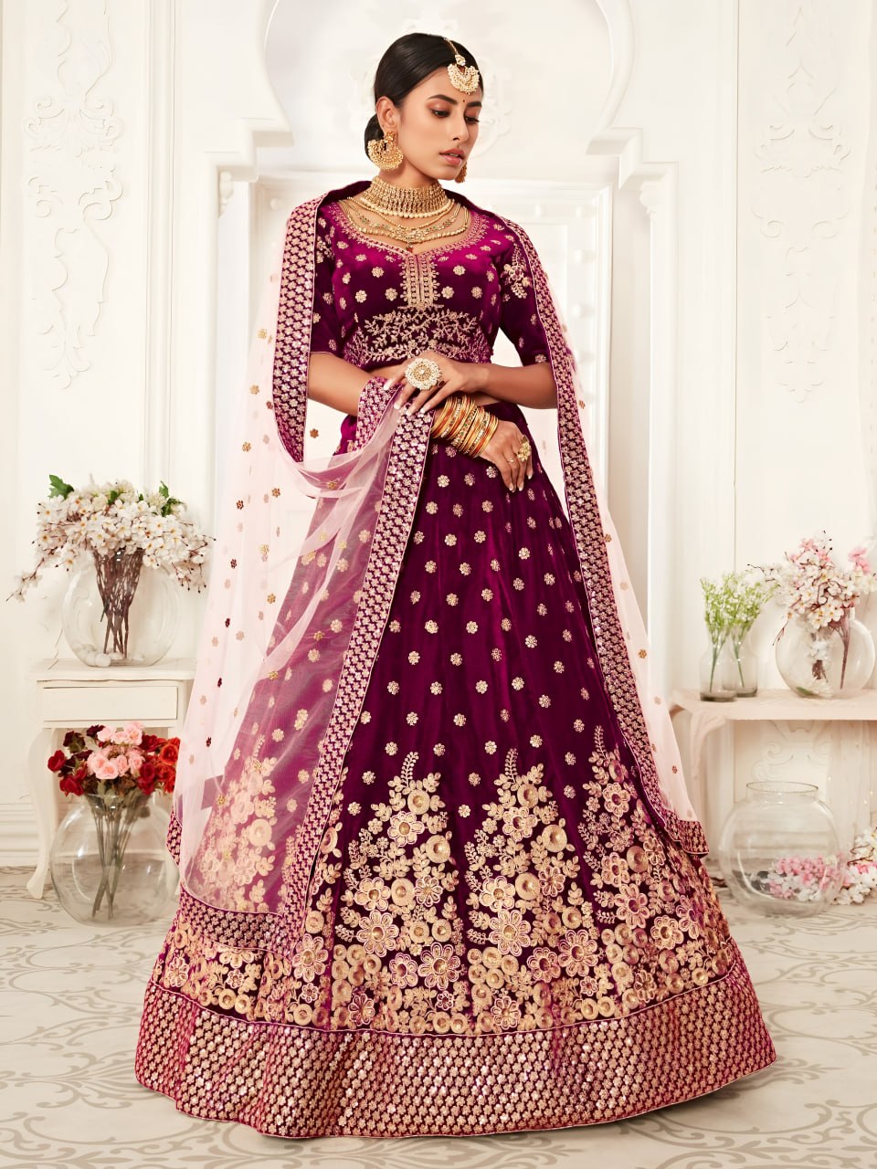 Buy Royal Purple Pure Velvet Bridal Lehenga Choli