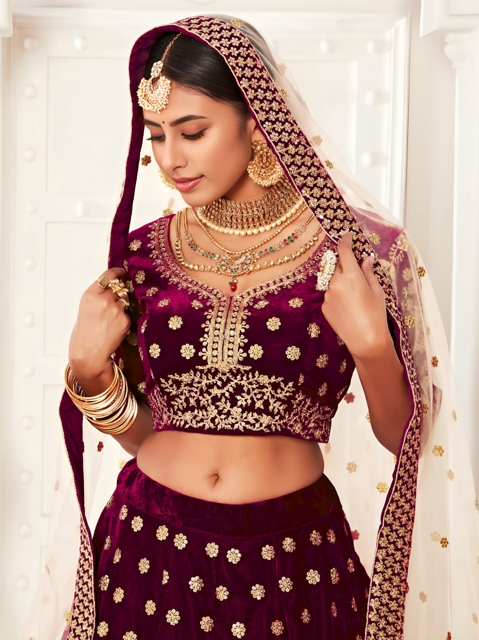 Buy Royal Purple Pure Velvet Bridal Lehenga Choli