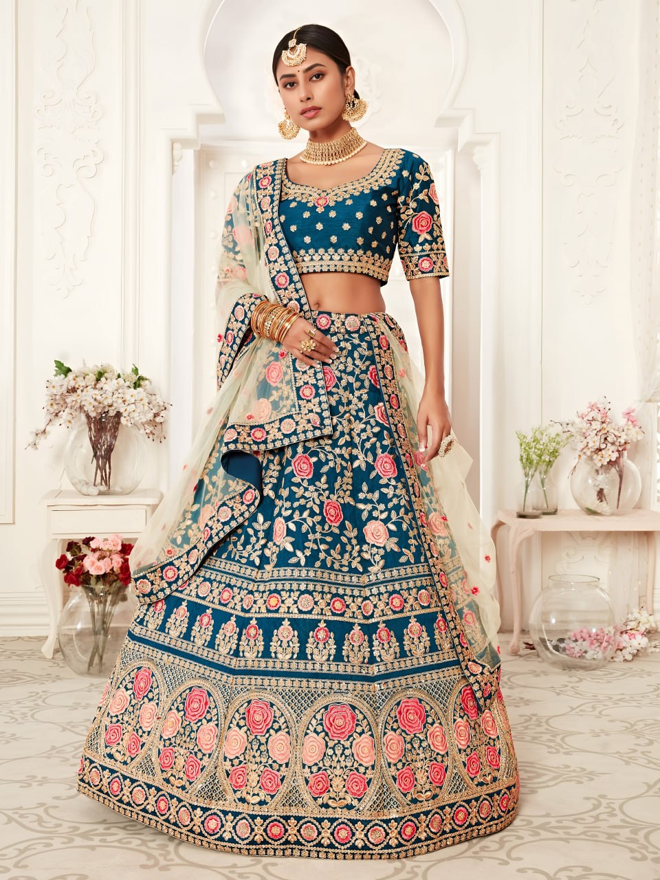 Buy Teal Blue Slub Silk Designer Wedding & FestiveLehenga Choli