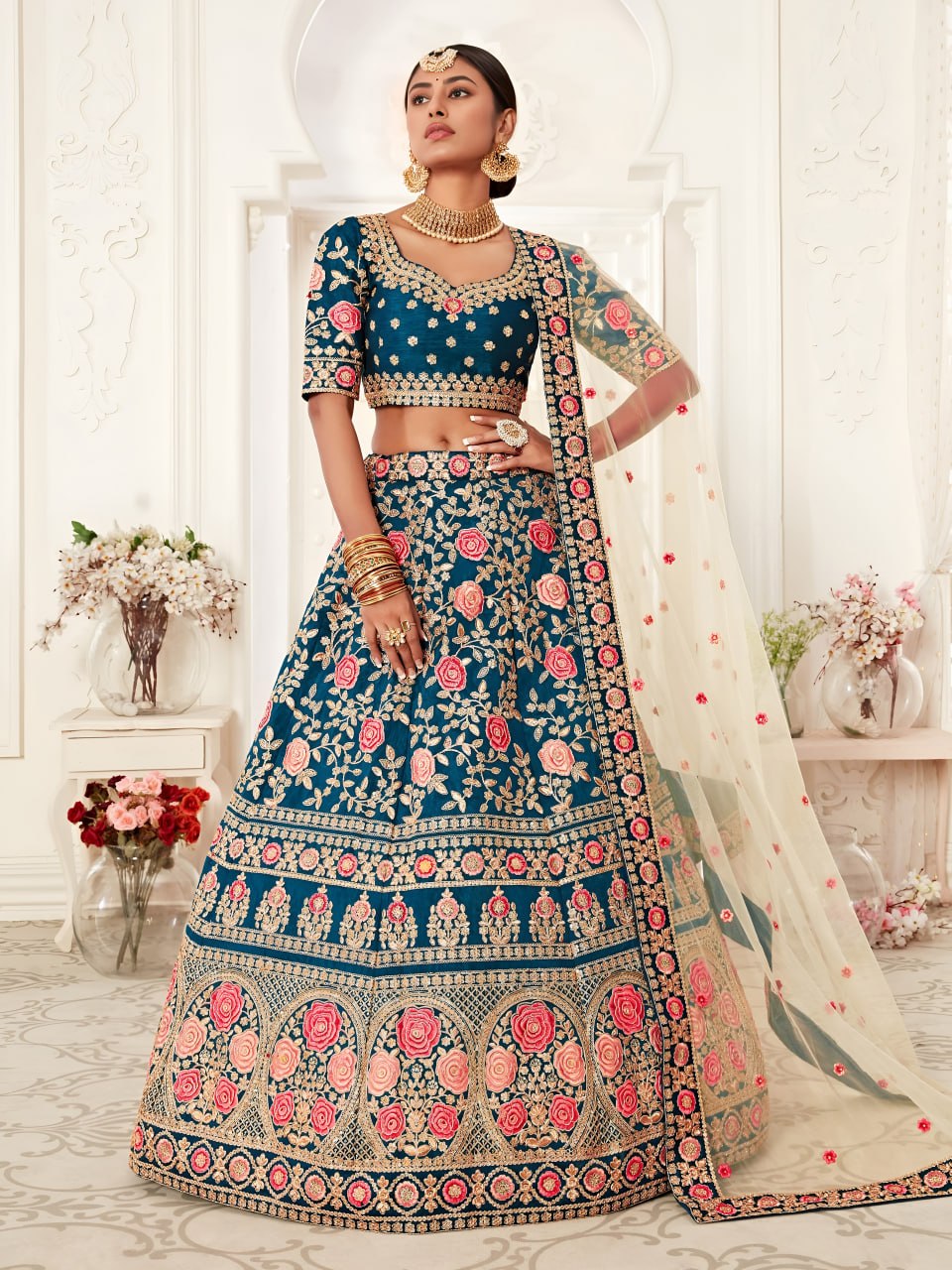 Buy Teal Blue Slub Silk Designer Wedding & FestiveLehenga Choli