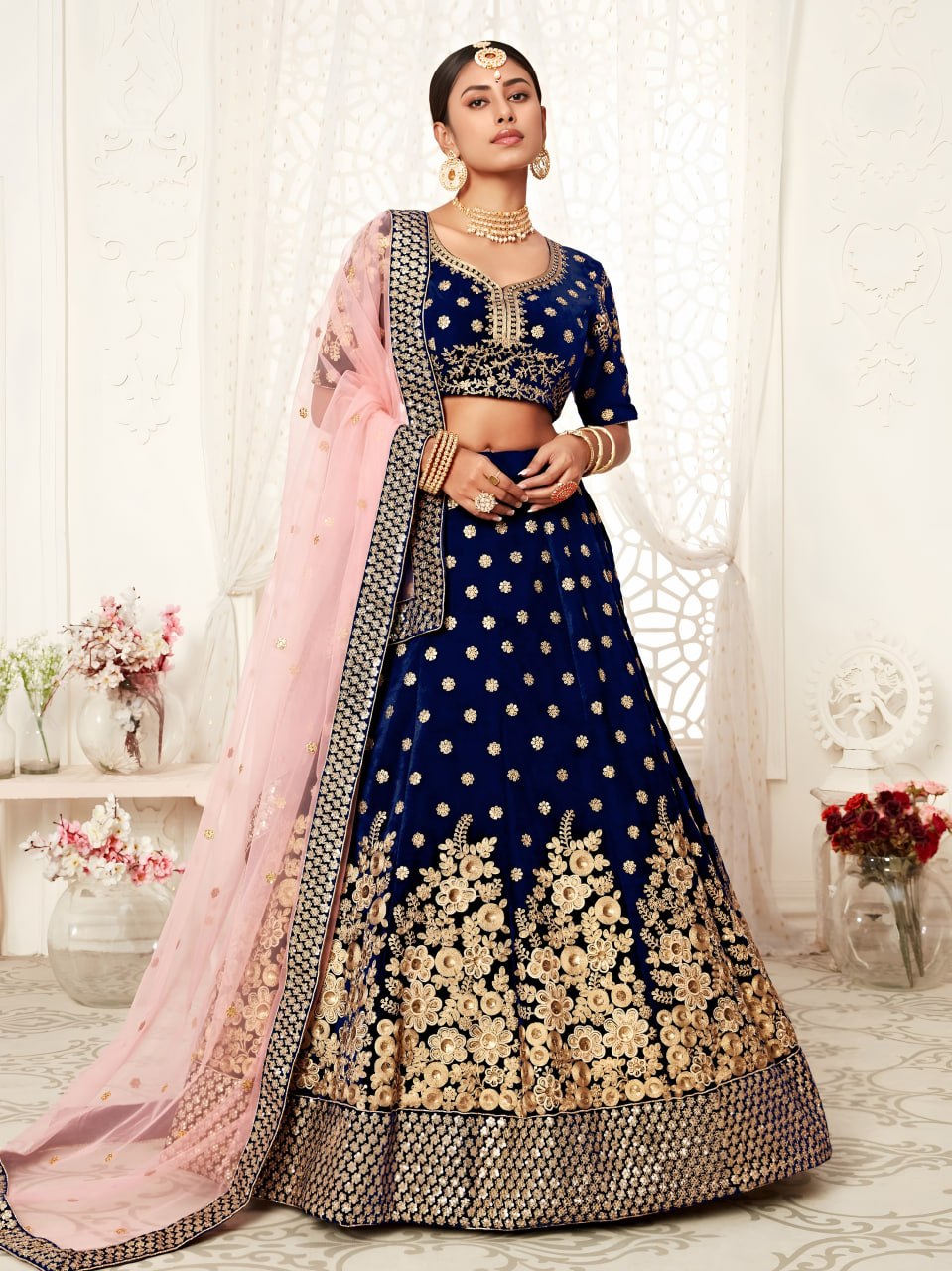 Buy Royal Blue Pure Velvet Bridal Lehenga Choli
