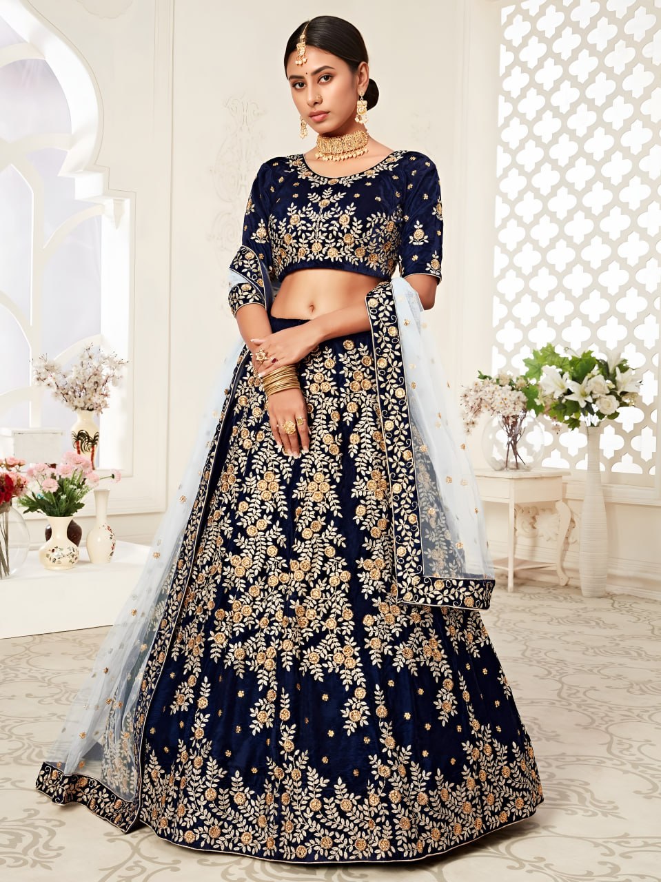 Buy Navy Blue Velvet Designer WeddingLehenga Choli