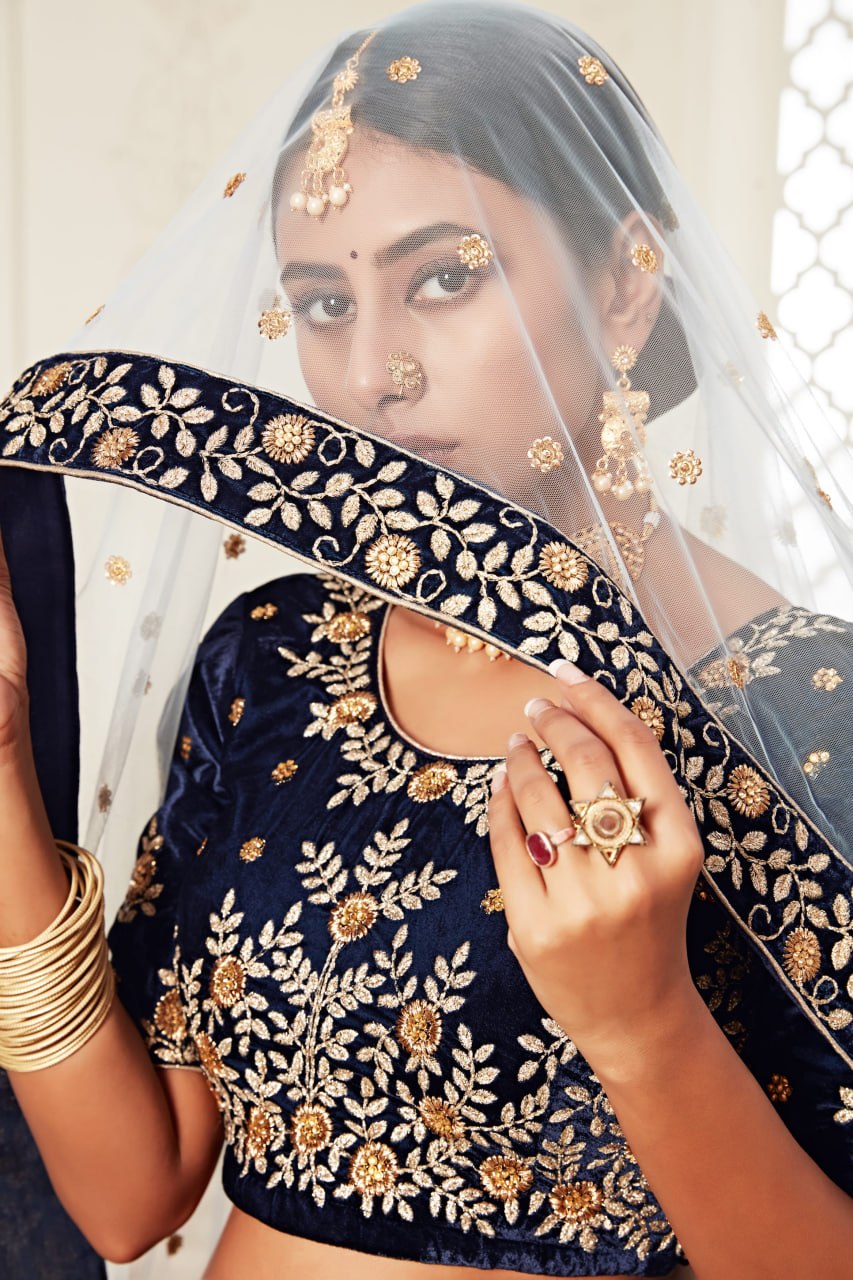 Buy Navy Blue Velvet Designer WeddingLehenga Choli