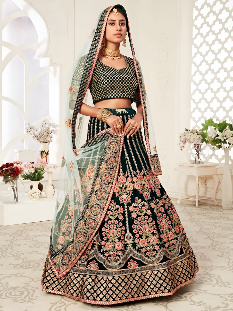 Buy Emerald Green Velvet Designer Wedding Lehenga Choli