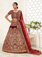 Buy Royal Maroon Zari Velvet Bridal Lehenga Choli Online