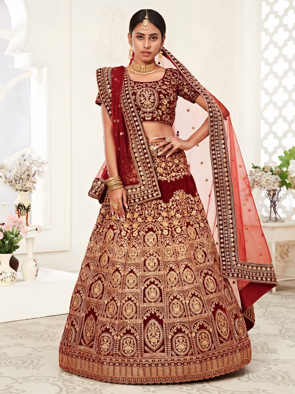 Buy Royal Maroon Zari Velvet Bridal Lehenga Choli Online