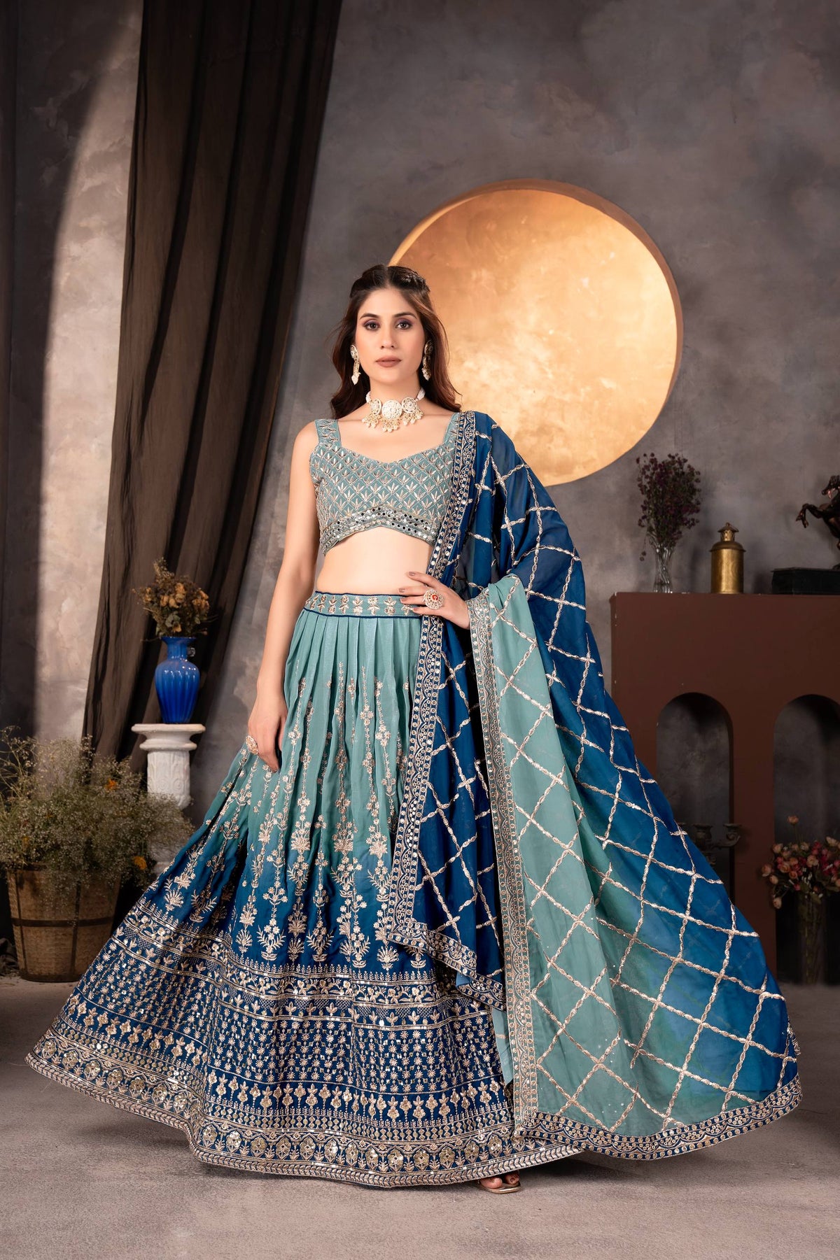 Teal Designer Faux Georgette Lehenga Choli