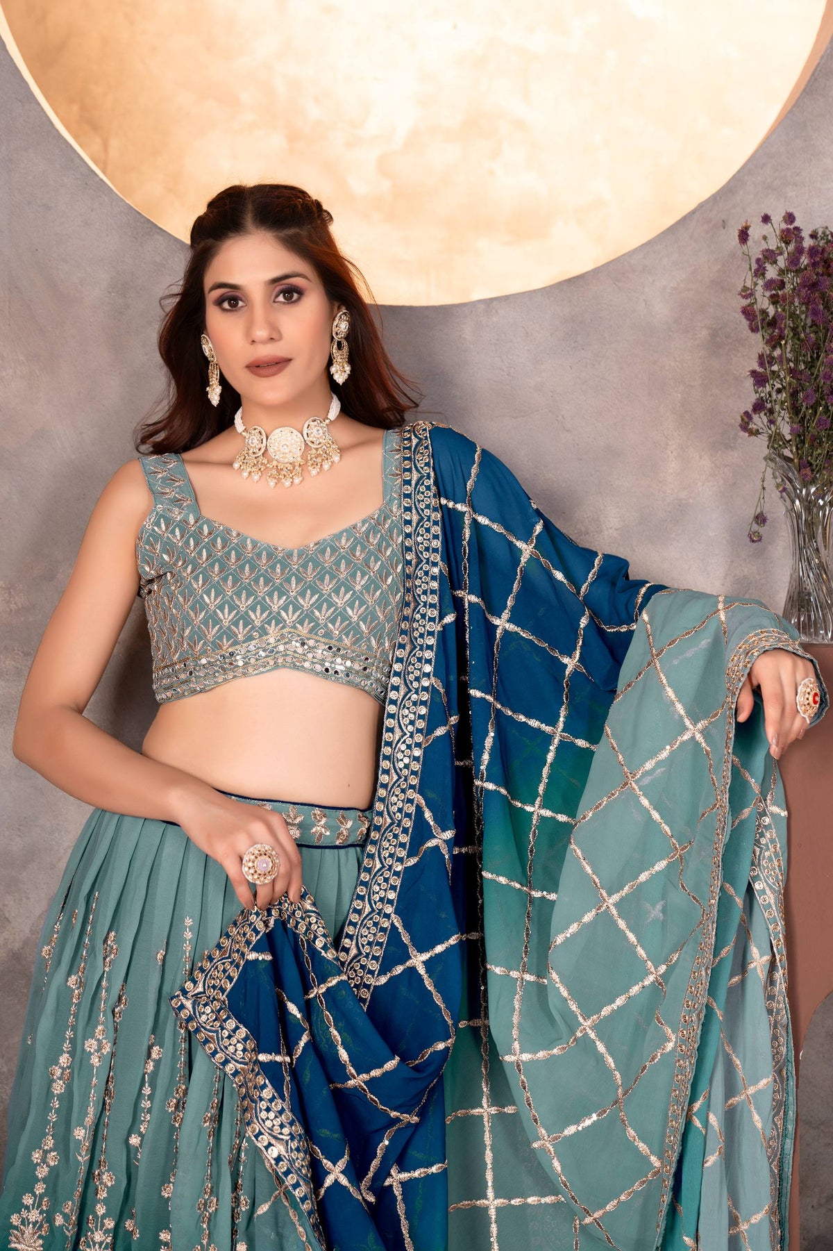 Teal Designer Faux Georgette Lehenga Choli