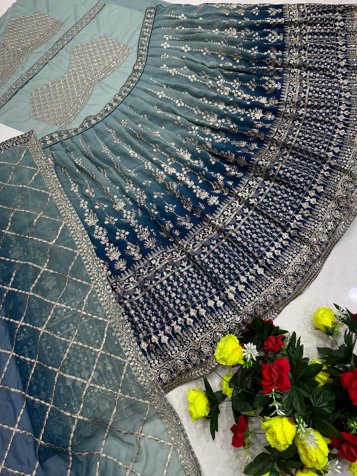Teal Designer Faux Georgette Lehenga Choli