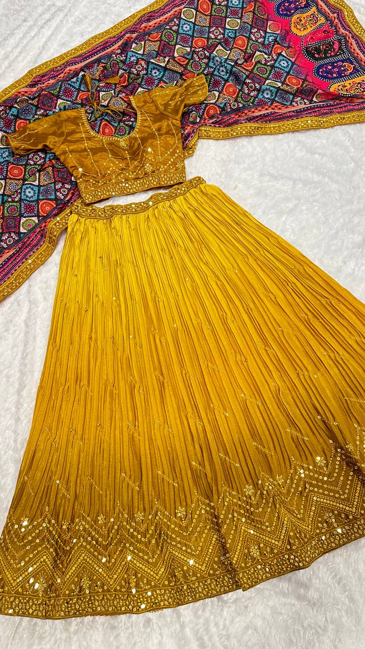 Designer Yellow Color Chinon Silk Lehenga Choli