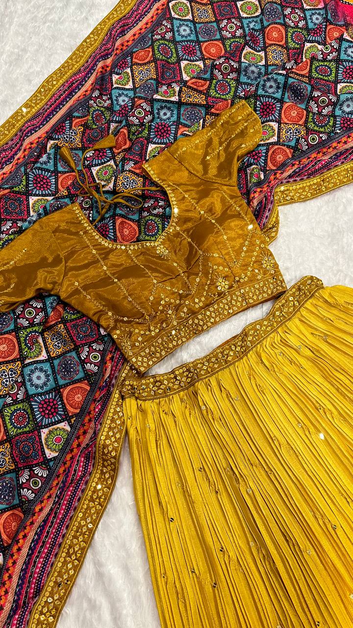 Designer Yellow Color Chinon Silk Lehenga Choli
