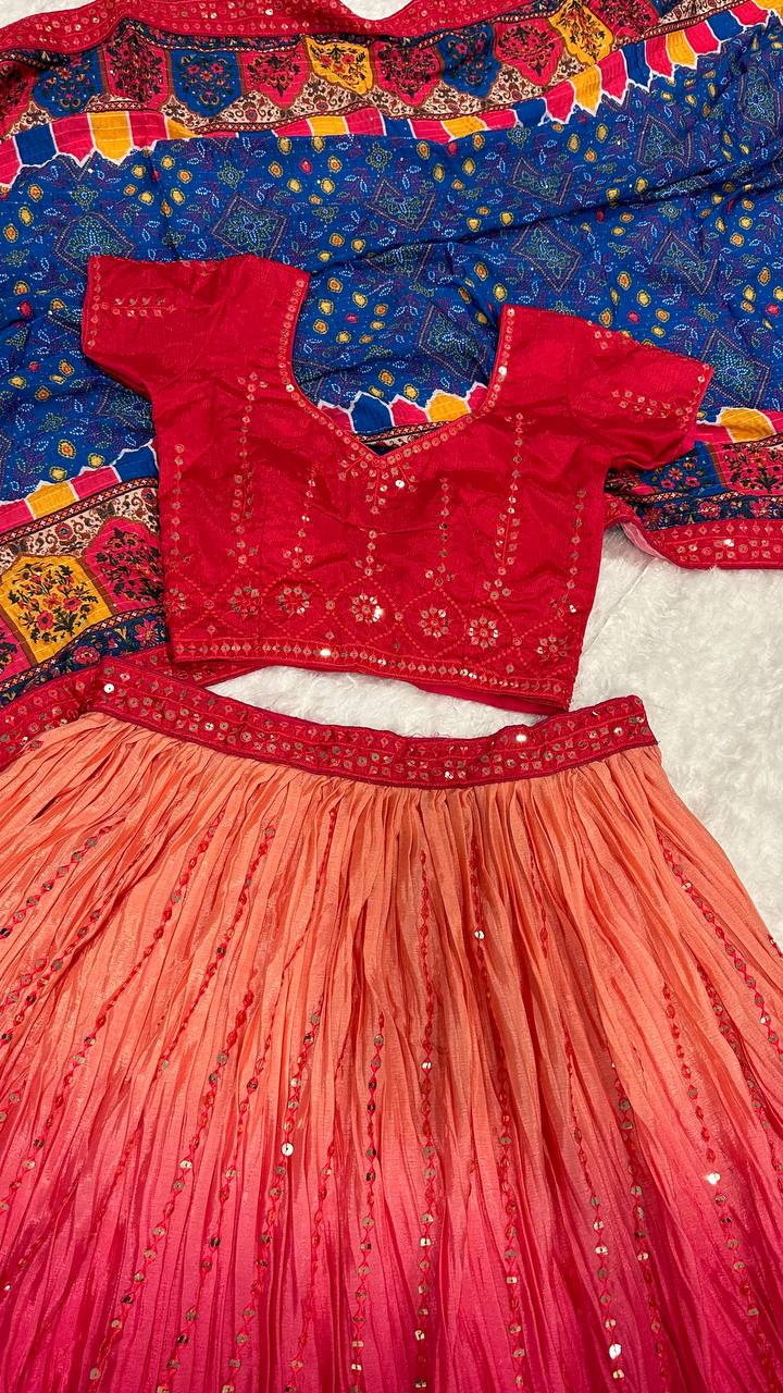 Designer Red With Blue Chinon Silk Lehenga Choli
