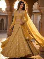 Yellow Faux Georgette Lehenga Choli with Mirror Work