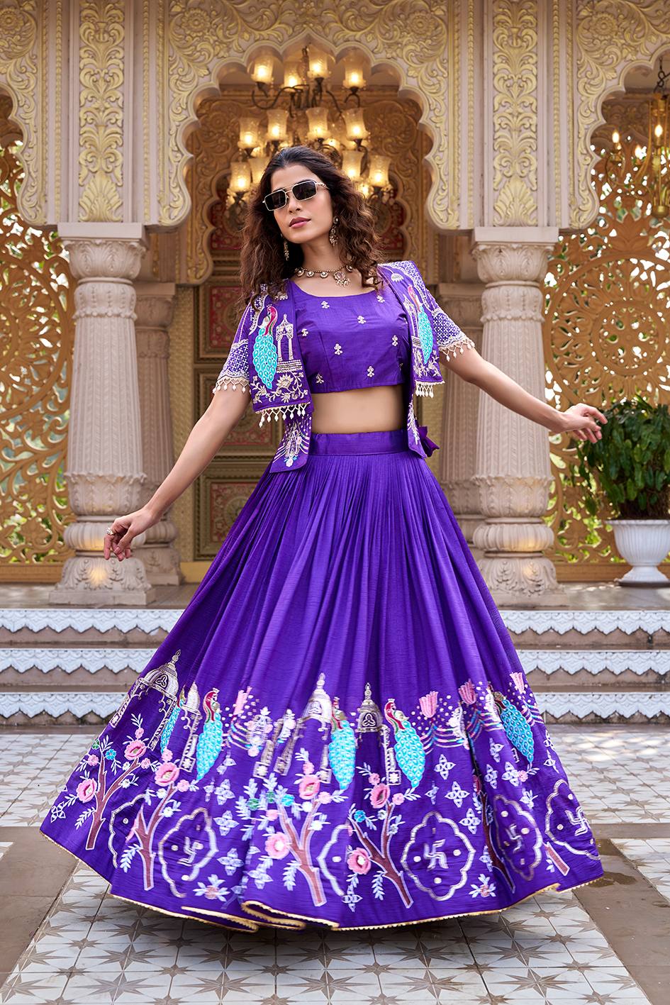 Royal Blue Pure Vichitra Embroidered Lehenga Choli