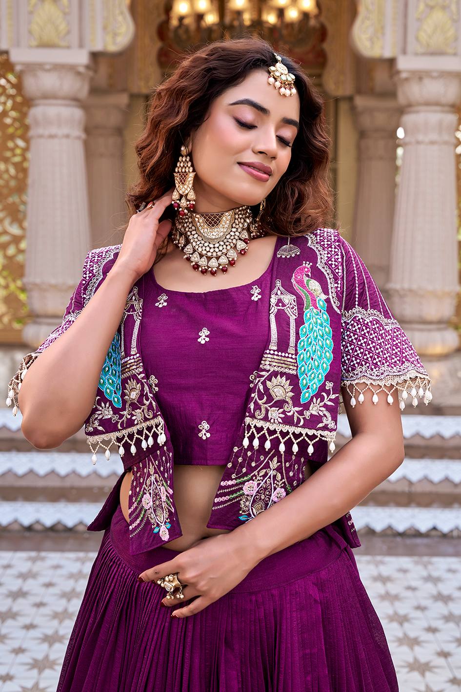 Purple Pure Vichitra Embroidered Lehenga Choli