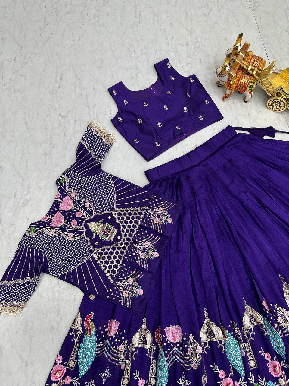 Royal Blue Pure Vichitra Embroidered Lehenga Choli