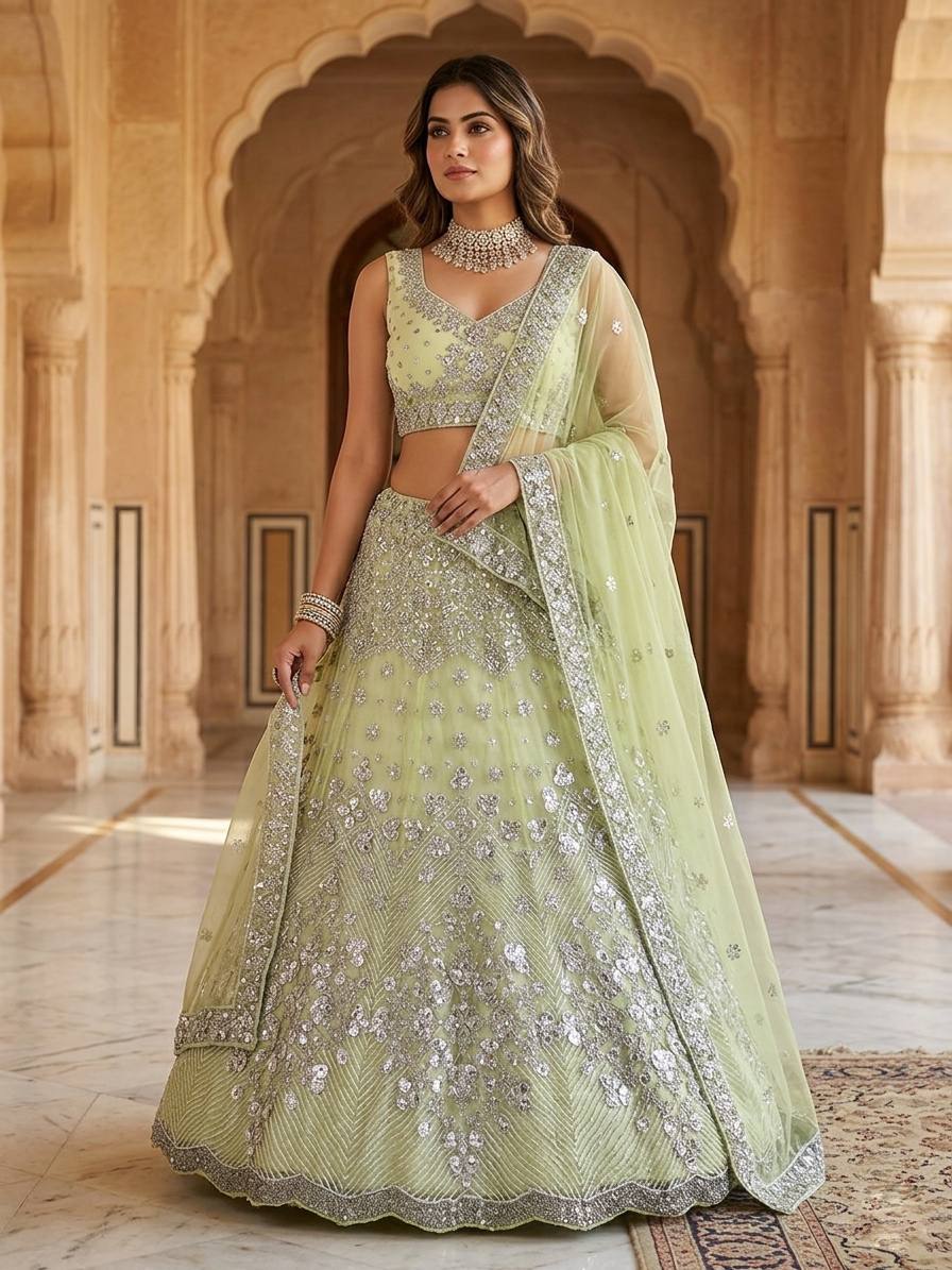 Buy Butterfly Net Lehenga with Foil Mirror Sequins Work Online