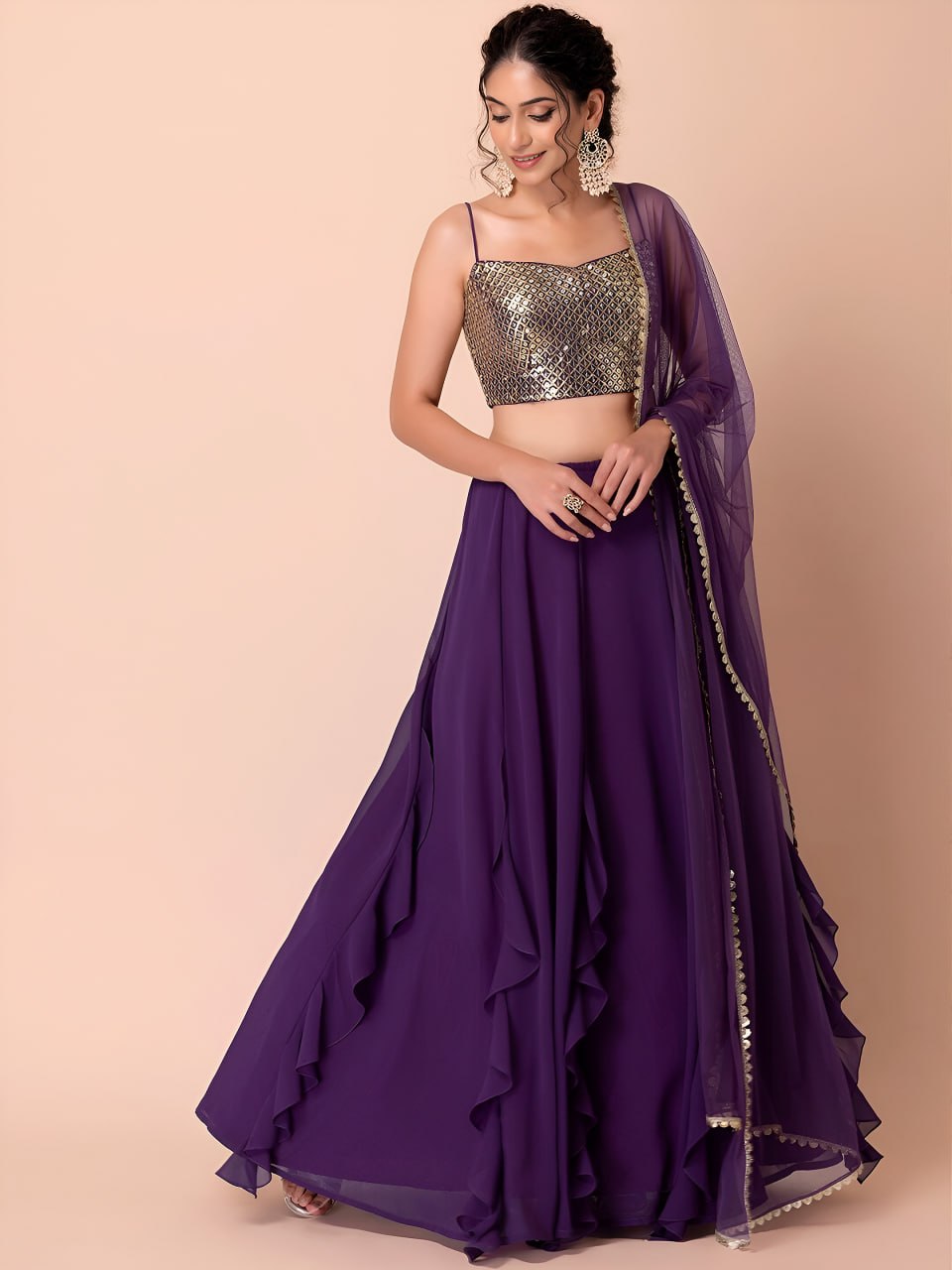 Buy Purple Sequins Work Ruffle Lehenga Choli Online