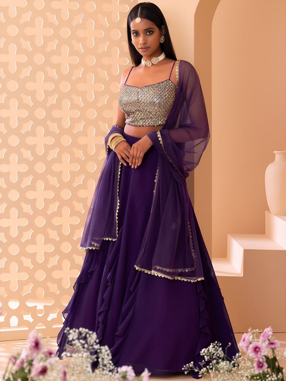 Buy Purple Sequins Work Ruffle Lehenga Choli Online