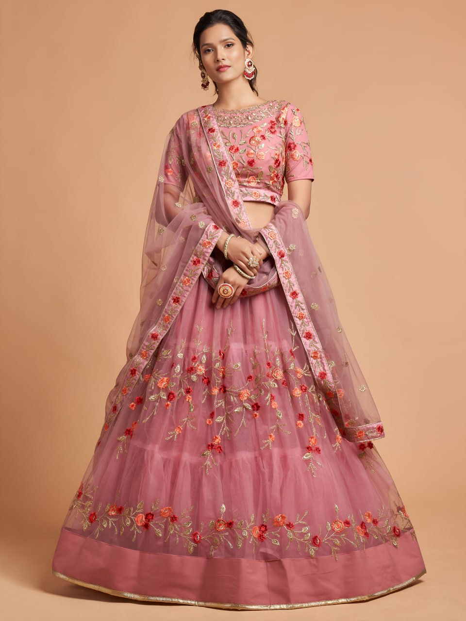 Dusty Pink Floral Embroidered Lehenga Choli