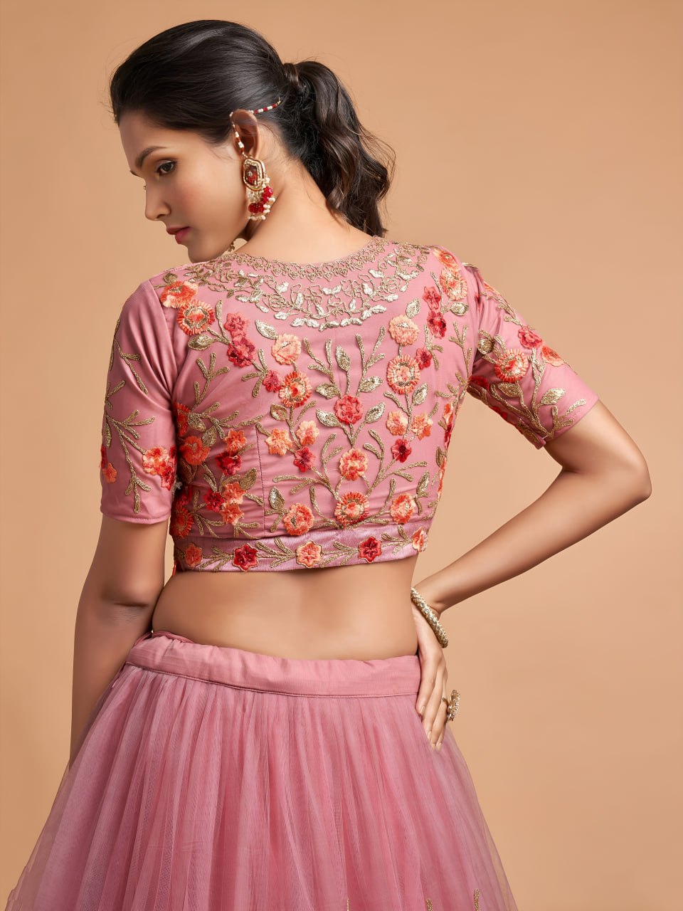 Dusty Pink Floral Embroidered Lehenga Choli