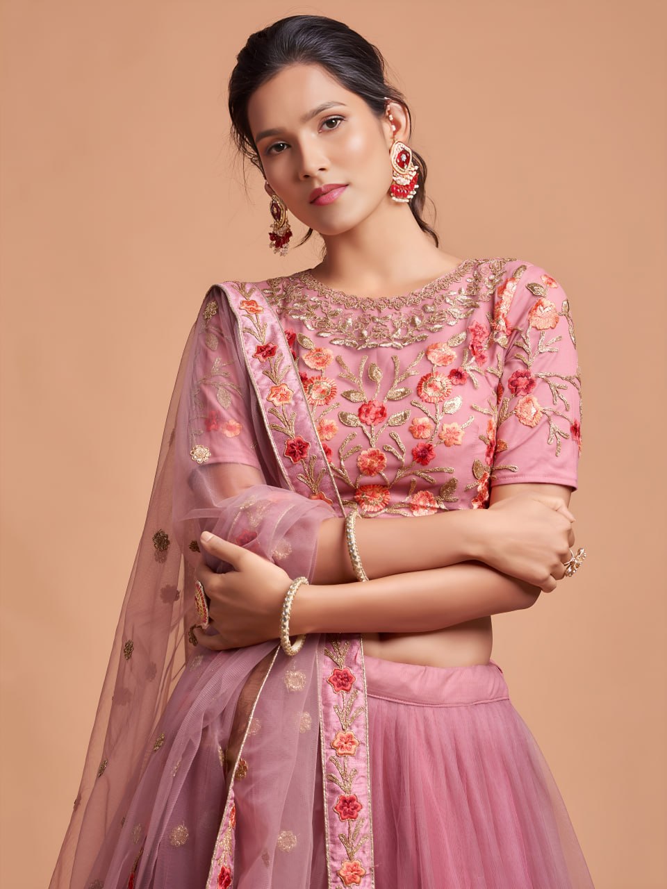 Dusty Pink Floral Embroidered Lehenga Choli