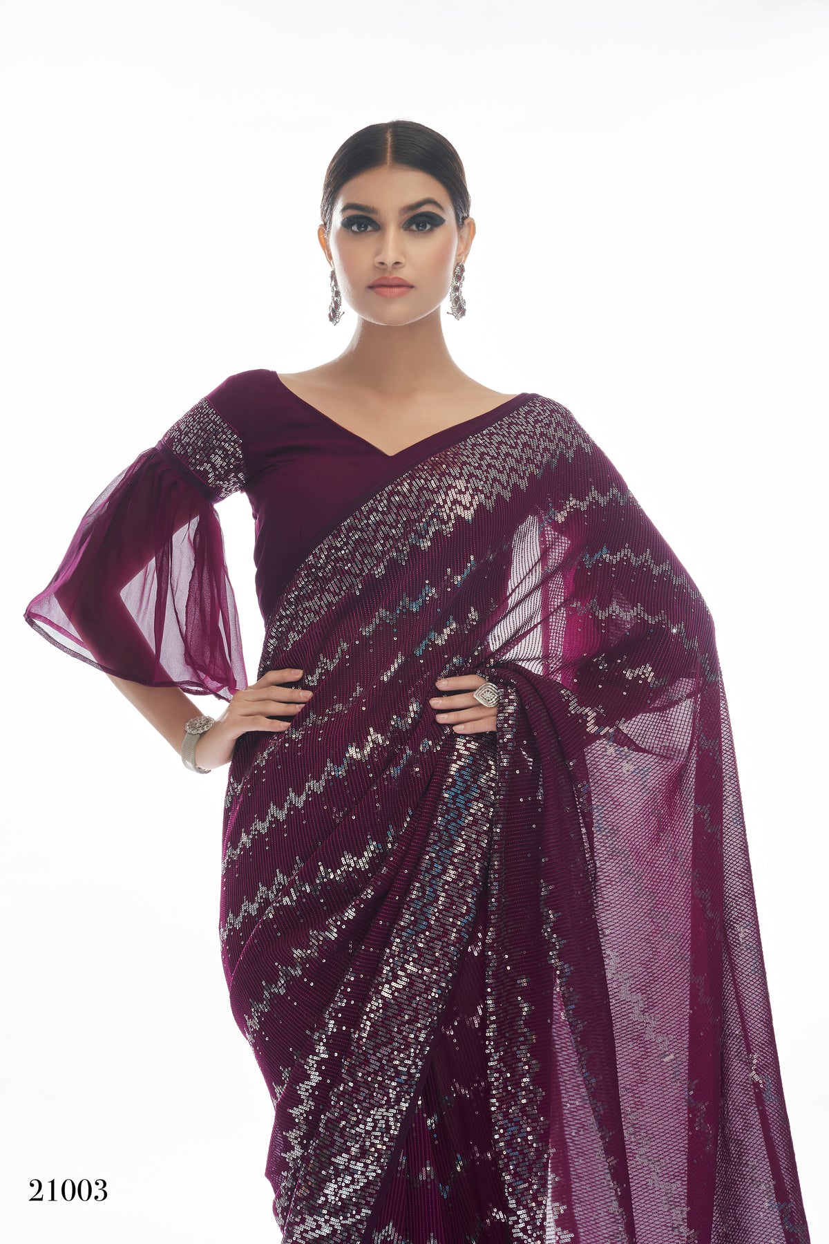 Beautiful Wine color bollywood sequin saree - Joshindia