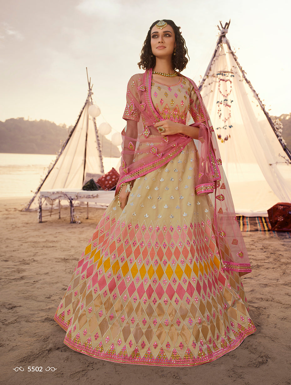 Trending beige color designer mirror work lehenga choli buy now - Joshindia
