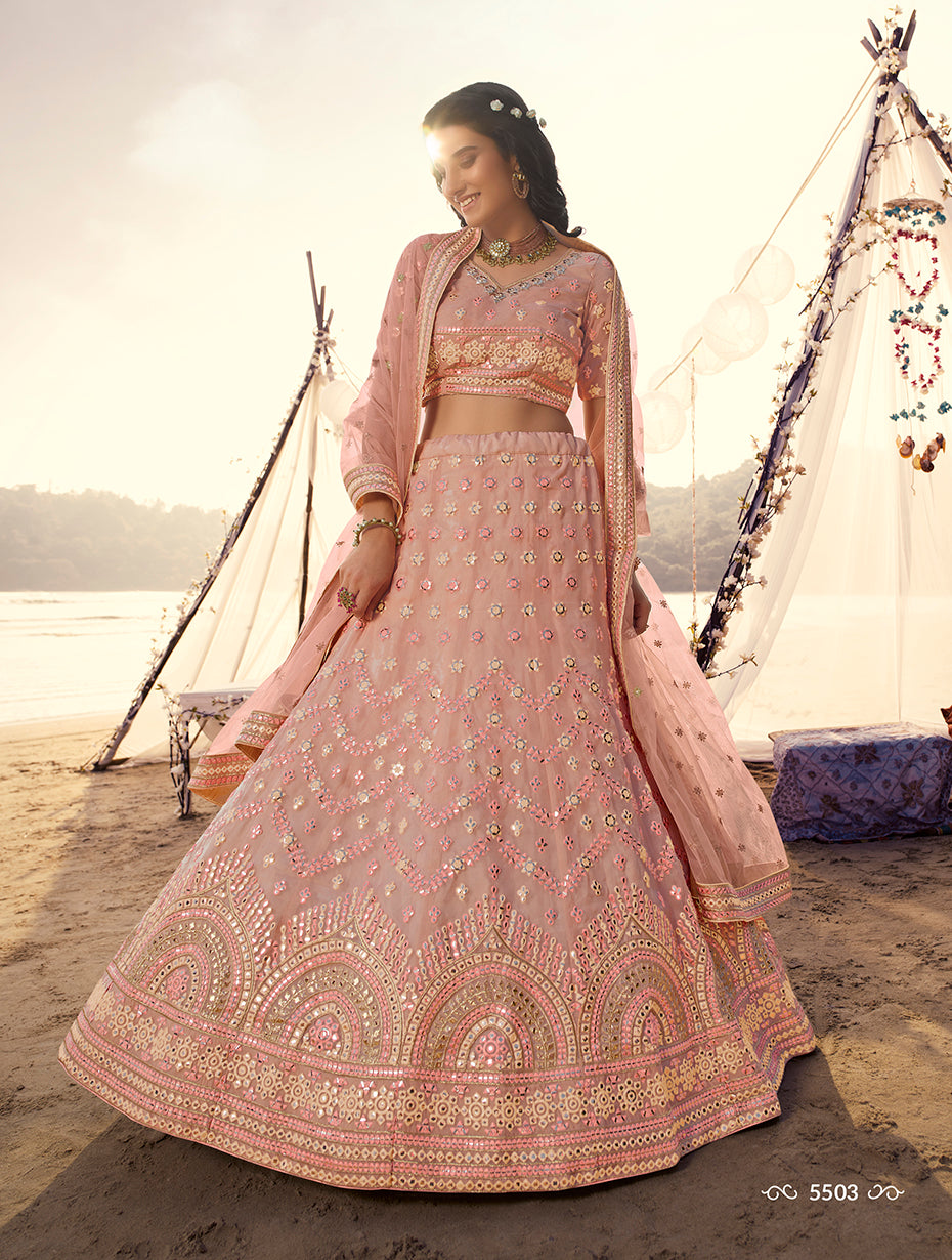 Trendingpeach color designer mirror work lehenga choli buy now - Joshindia