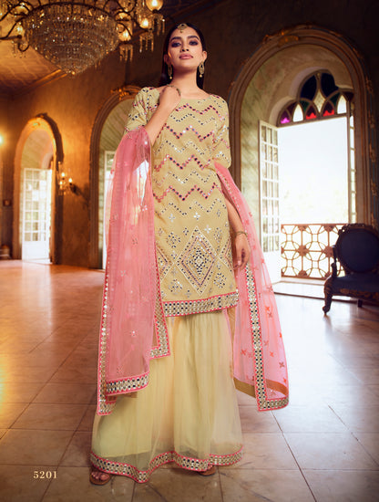 Latest light yellow color mirror work salwar suit for stylish looks