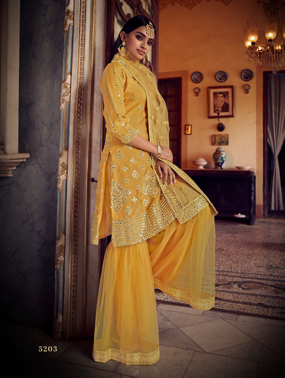 Attractive yellow color mirror work sharara suit for haldi function - Joshindia