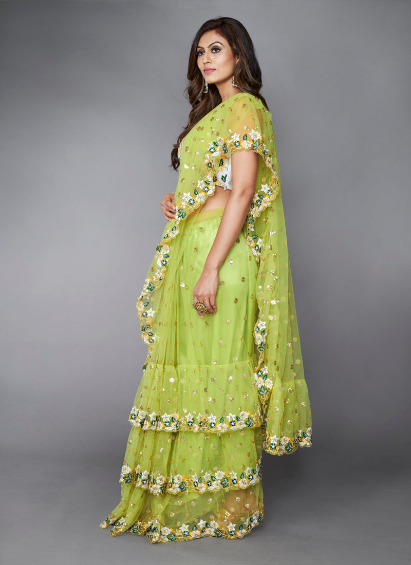 Beautiful Green color soft net ruffle saree for wedding