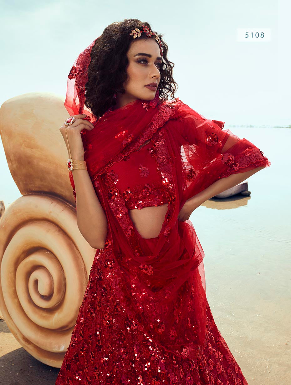 red color designer net sequins work lehenga choli - Joshindia
