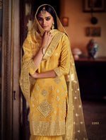 Attractive yellow color mirror work sharara suit for haldi function - Joshindia