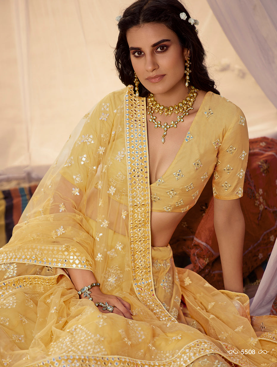 New designer mirror work lehenga choli buy now in yellow color - Joshindia