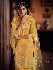 Attractive yellow color mirror work sharara suit for haldi function - Joshindia