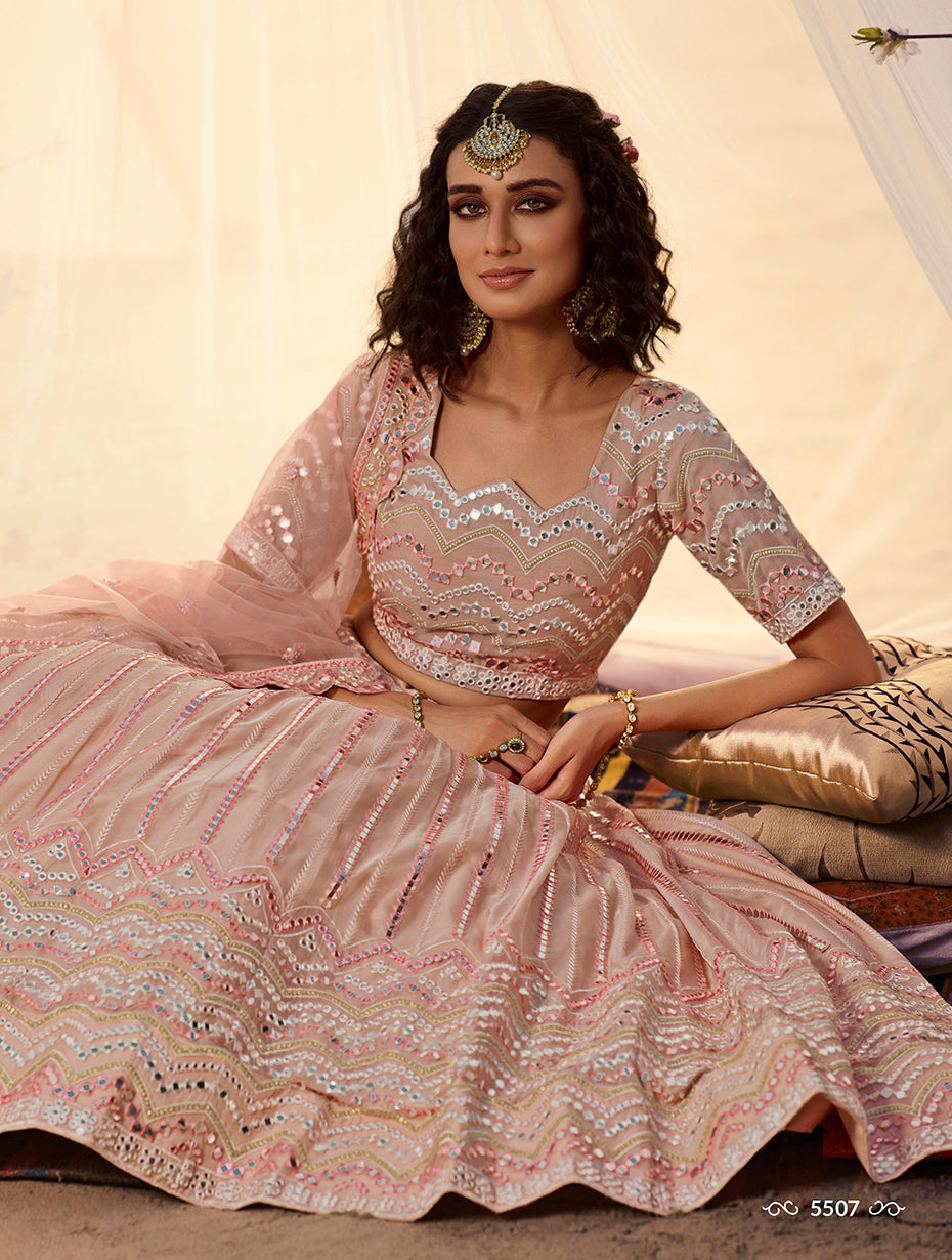 New designer mirror work lehenga choli buy now in peach color - Joshindia