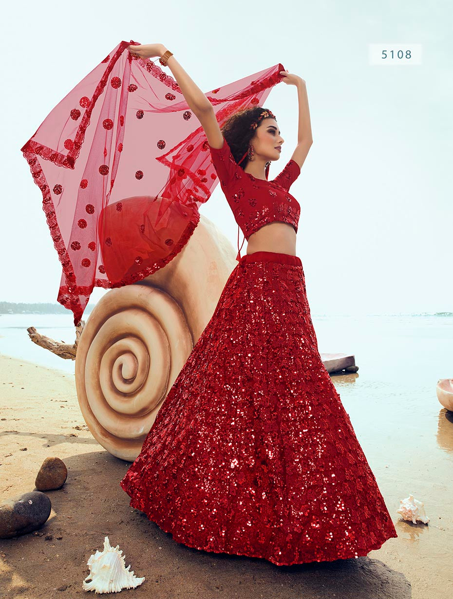 red color designer net sequins work lehenga choli - Joshindia