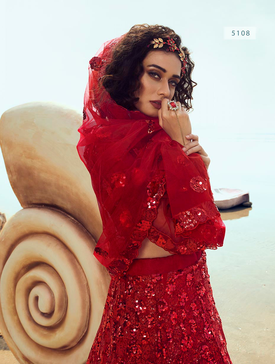 red color designer net sequins work lehenga choli