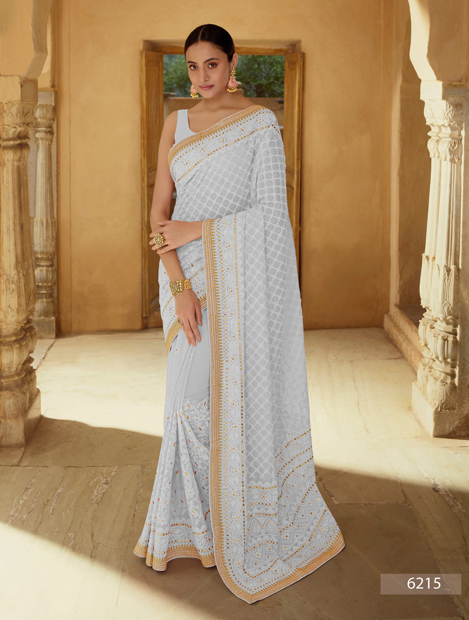 Traditional look Grey color silk saree