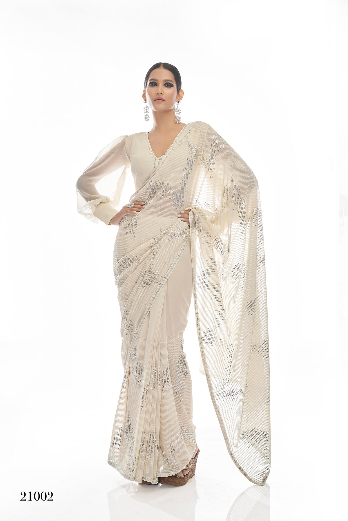 Beautiful White color bollywood sequin saree - Joshindia