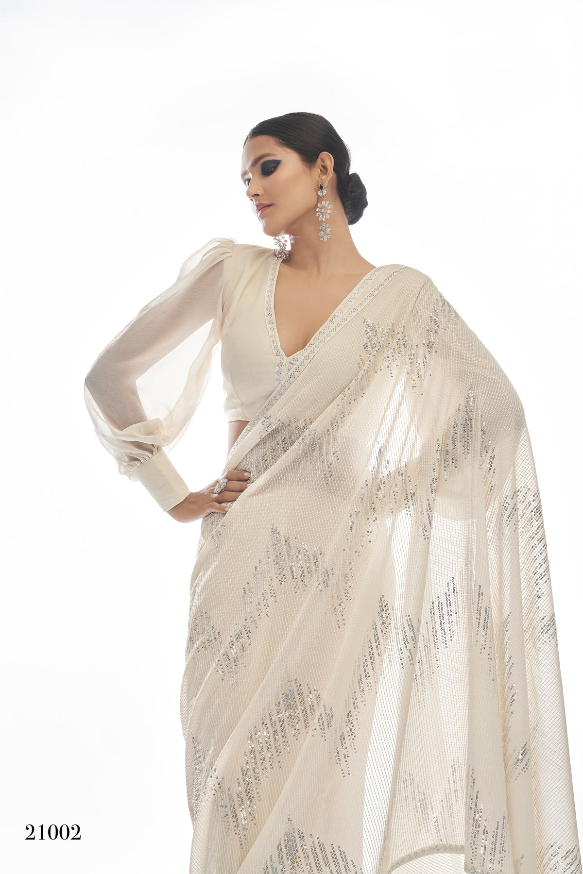 Beautiful White color bollywood sequin saree - Joshindia