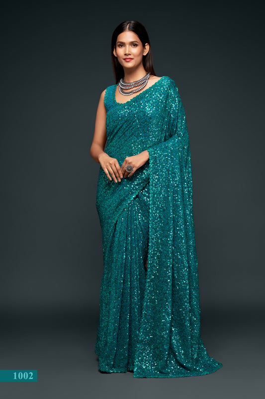 Sea green color designer sequins saree for wedding and reception