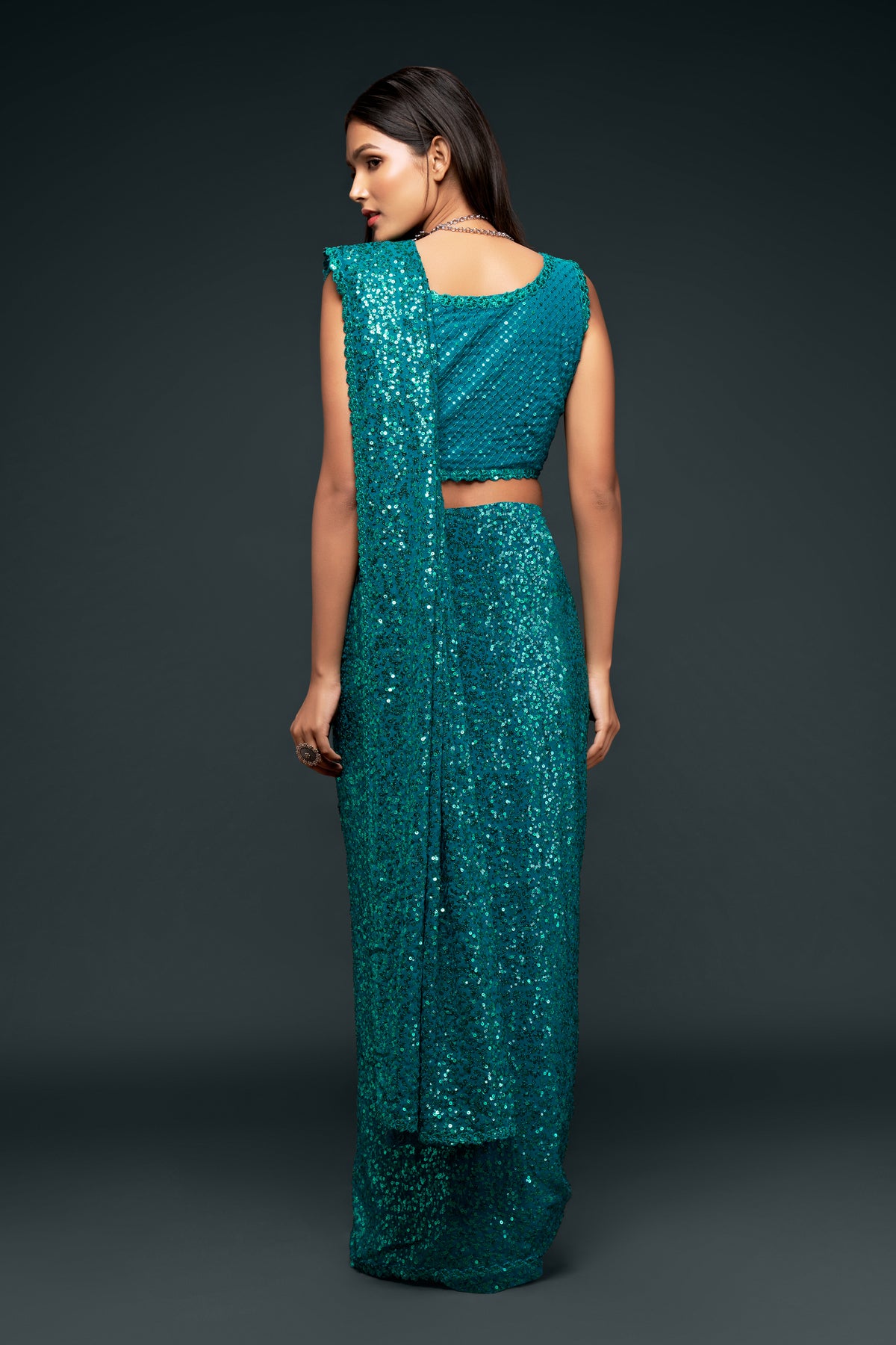 Sea green color designer sequins saree for wedding and reception - Joshindia