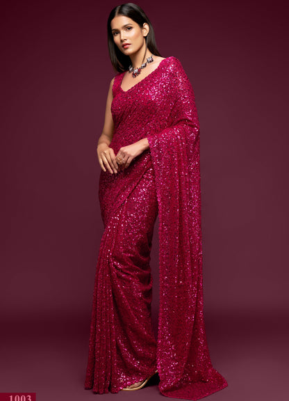 Pink designer sequins saree buy now