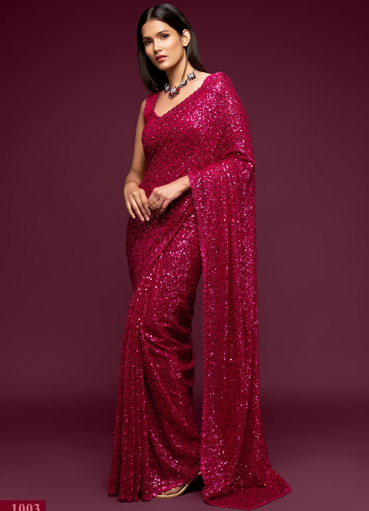 Pink designer sequins saree buy now - Joshindia